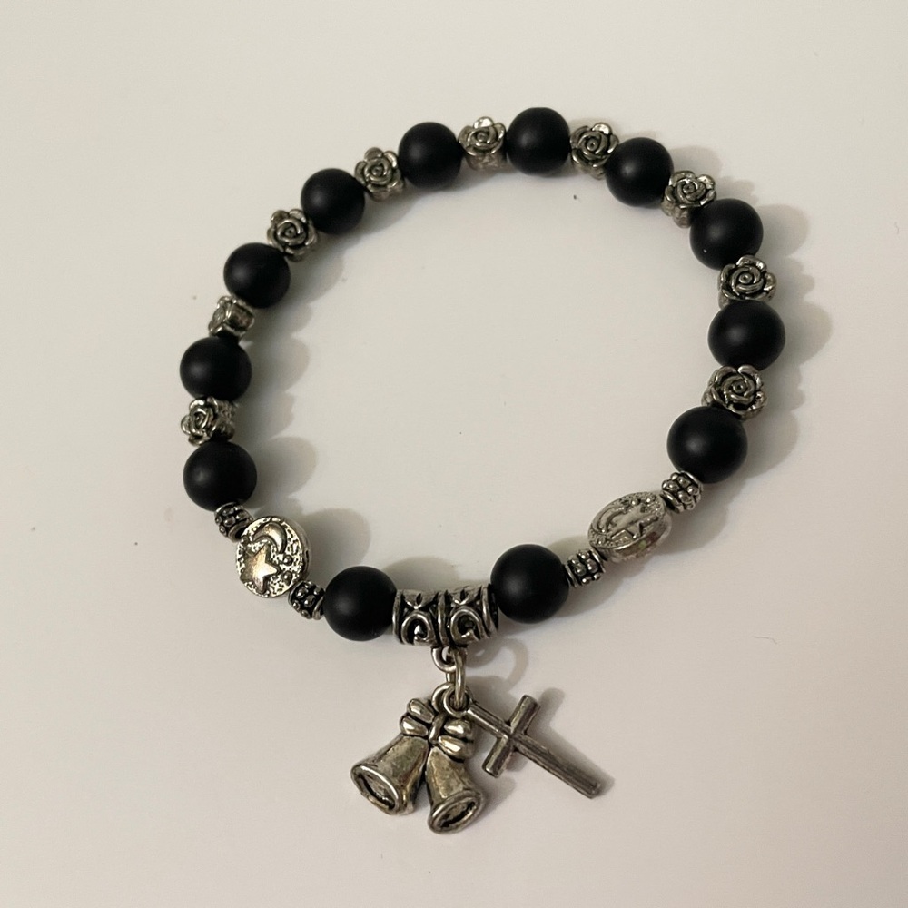 Gothic Celestial Matte Black & Silver Tone Stretch Charm Bracelet